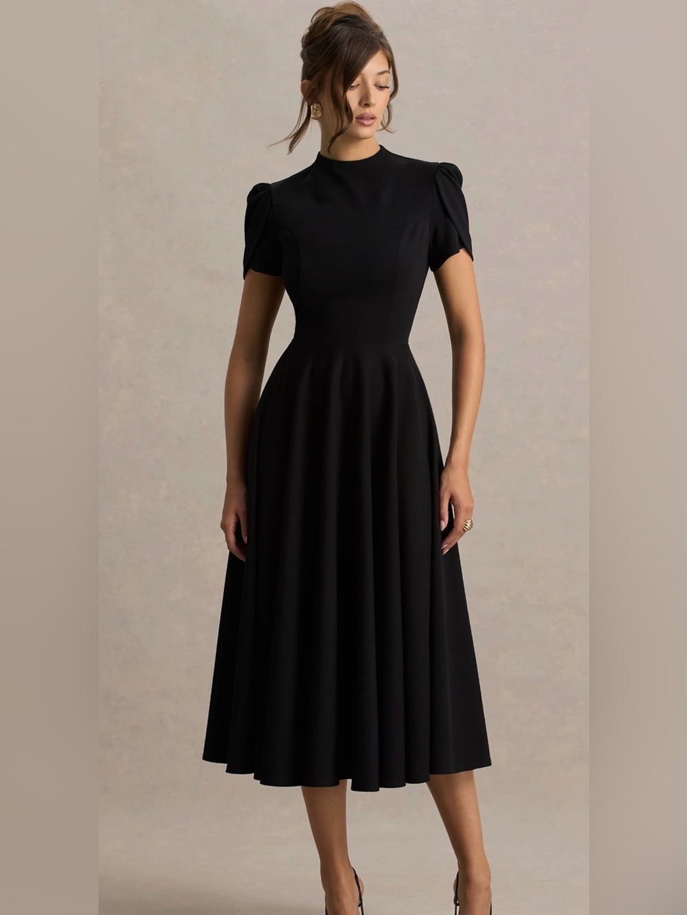 CLUB L LONDON • Vicky Black High Neck Midi Dress With Puff Sleeves - size 8